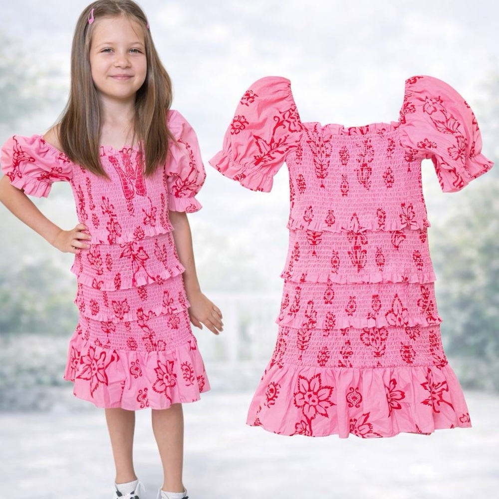 J.Marie Girls Scarlett Puff Sleeve Dress Floral Pink Size 7/8 NWT